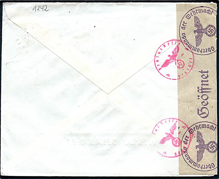 40 øre Vitus Bering og 50 øre Chr. X på luftpostbrev med Julemærke 1944 fra København d. 19.12.1944 til Ulm, Tyskland. Åbnet af tysk censur i Berlin.