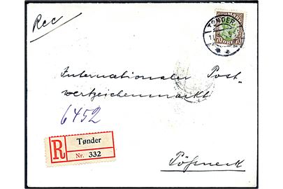 70 øre Chr. X single på anbefalet brev fra Tønder d. 11.12.1924 via bureau Hannover-Hamburg Zug 74 til Pössneck, Tyskland. På bagsiden Julemærke 1924 (3) bundet til kuvert af tysk bureaustempel.