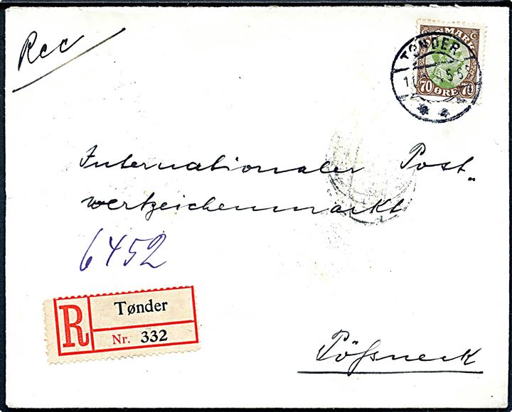 70 øre Chr. X single på anbefalet brev fra Tønder d. 11.12.1924 via bureau Hannover-Hamburg Zug 74 til Pössneck, Tyskland. På bagsiden Julemærke 1924 (3) bundet til kuvert af tysk bureaustempel.