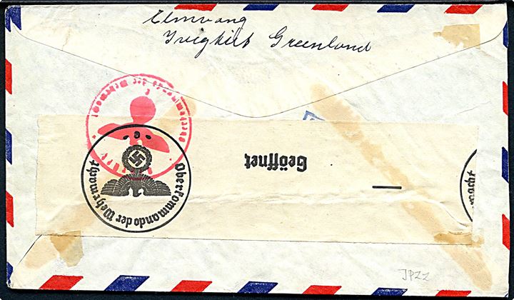 5 øre Chr. X og 1 kr. Isbjørn på luftpostbrev fra Ivigtut d. 6.7.1941 til Søborg, Danmark. Åbnet af tysk censur i Frankfurt.