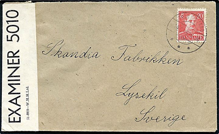 20 øre Chr. X på brev stemplet Trangisvaag d. 14.5.1945 til Lysekil, Sverige. Åbnet af britisk censur PC90/5010.