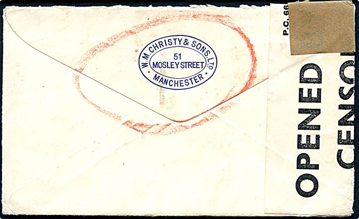 2½d George VI på brev fra Manchester d. 5.4.1940 til København, Danmark. Åbnet af britisk censur PC66/2217. Returneret med stempel Postal Service Suspended / Return to Sender og noteret: Returned to us by G.P.O. 11.5.1940.