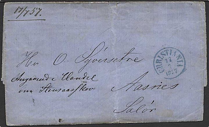1857. Ufrankeret brev fra Christiania d. 17.7.1857 til Aasnes, Salør.
