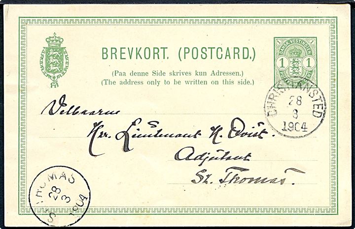 1 cent Våben helsagsbrevkort fra Christiansted d. 28.3.1904 til officer på St. Thomas.