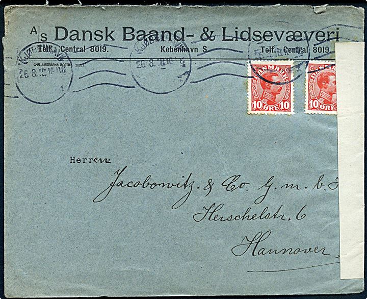 10 øre Chr. X (2) på brev fra Kjøbenhavn d. 26.8.1918 til Hannover, Tyskland. Åbnet af tysk censur.
