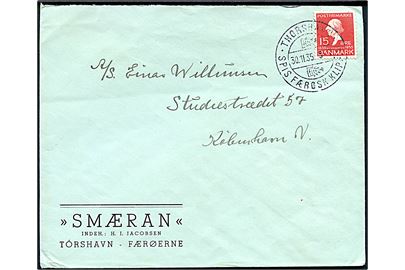 15 øre H. C. Andersen på brev annulleret med klipfiskstempel i Thorshavn d. 30.11.1935 til København.