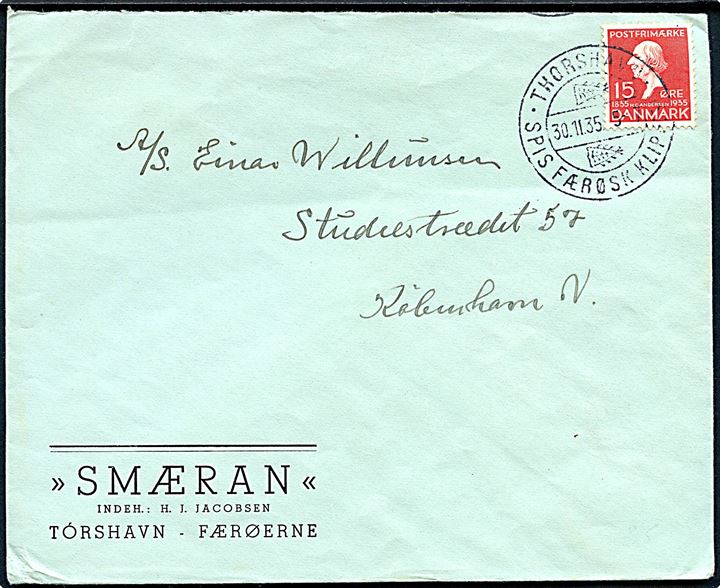 15 øre H. C. Andersen på brev annulleret med klipfiskstempel i Thorshavn d. 30.11.1935 til København.