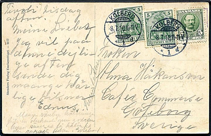 Dansk 5 øre Fr. VIII og tysk 5 pfg. Germania (2) på brevkort (Tivolis Indgang, København) stemplet Kolberg d. 8.7.1910 til Göteborg, Sverige.