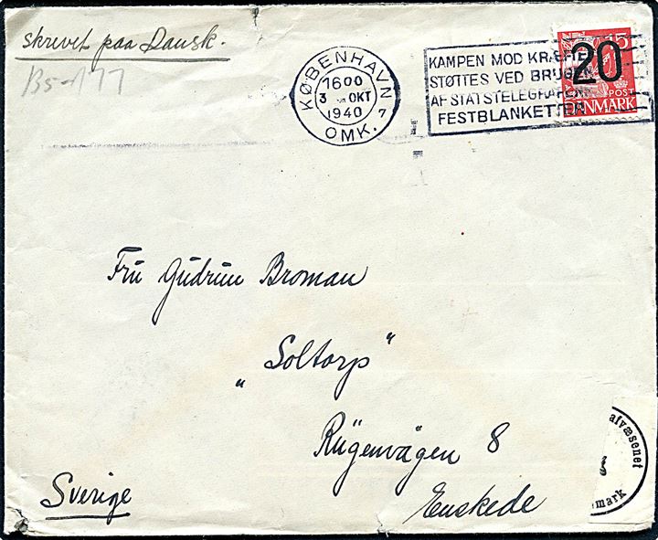 20/15 øre Provisorium på brev fra København d. 3.10.1940 til Enskede, Sverige. På bagsiden Chr. X 70 års mærkat bundet til brevet af dansk censur.