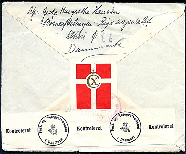 20/15 øre Provisorium på brev fra København d. 3.10.1940 til Enskede, Sverige. På bagsiden Chr. X 70 års mærkat bundet til brevet af dansk censur.