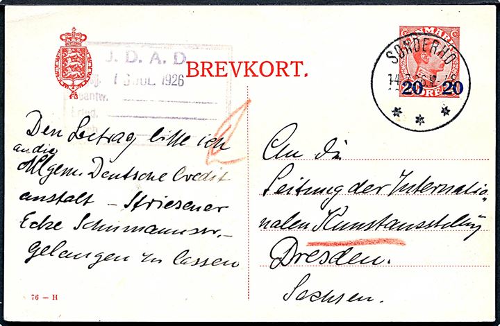 20/25 øre provisorisk helsagsbrevkort (fabr. 76-H) annulleret med brotype IIIb Sønderho d. 14.7.1924 til Dresden, Tyskland.