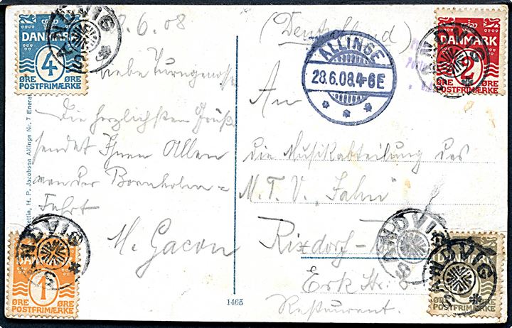 1 øre, 2 øre, 3 øre og 4 øre Bølgelinie på 4-farve frankeret brevkort annulleret med stjernestempel SANDVIG og sidestemplet Allinge d. 28.6.1908 til Rixdorf, Tyskland.
