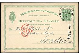 10 øre helsagsbrevkort annulleret med lapidar Kjøbenhavn KB d. 13.9.1881 til London, England. Ank.stemplet i London d. 15.9.1881.