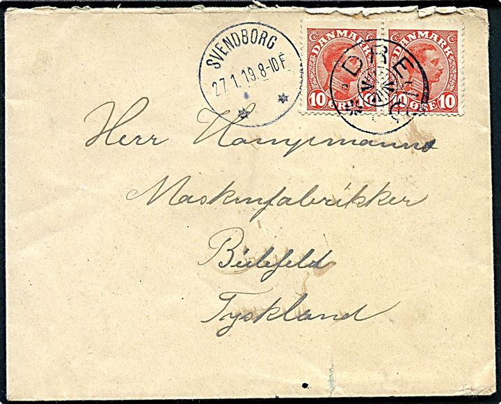 10 øre Chr. X i parstykke på brev annulleret med stjernestempel DREJØ og sidestemplet Svendborg d. 27.1.1919 til Bielefeld, Tyskland.