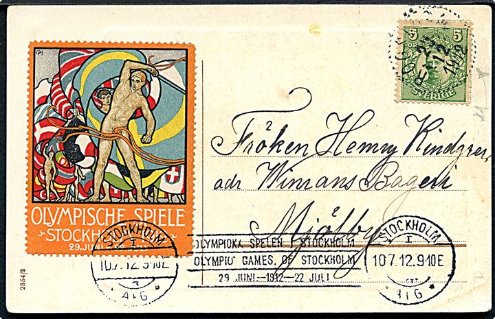 5 øre Gustaf og Stockholm Olympiade mærkat på manipuleret brevkort 1912.