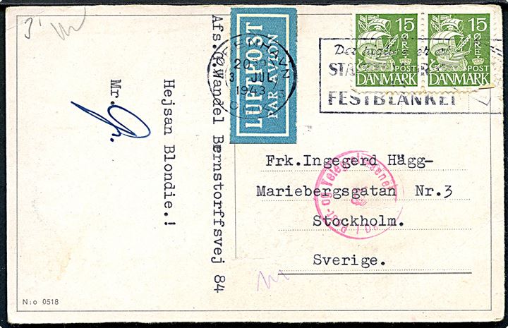 15 øre Karavel i parstykke på luftpost brevkort fra København d. 3.7.1943 til Stockholm, Sverige. Dansk censur. Et mærke med skade.