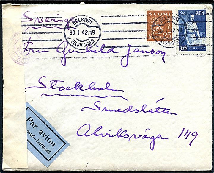 25 pen. Løve og 3,50 mk. Mannerheim på luftpostbrev fra Helsingfors d. 30.1.1942 til Stockholm, Sverige. Åbnet af finsk censur.