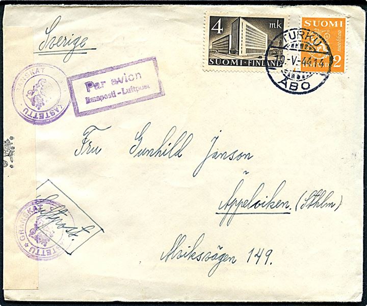 2 mk. Løve og 4 mk. Postbygning på luftpostbrev fra Åbo d. 10.5.1944 til Äppelviken, Sverige. Åbnet af finsk censur.