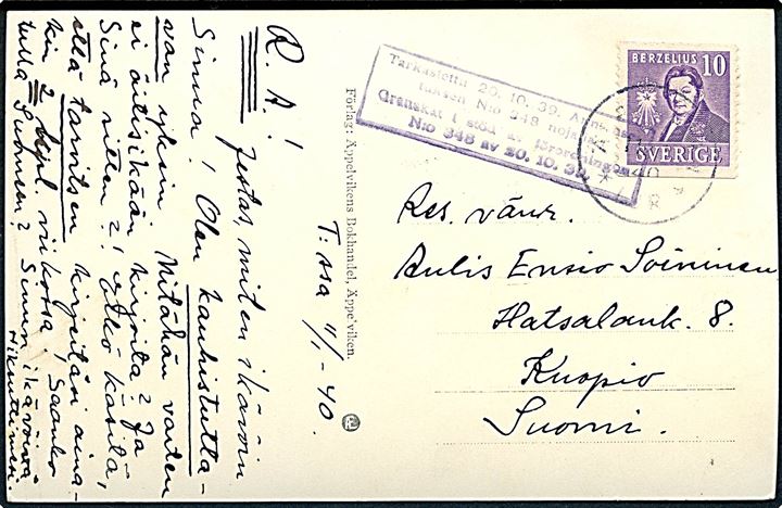 10 öre Berzelius på brevkort fra Äppelviken d. 11.1.1940 til Kuopio, Finland. Finsk censur.