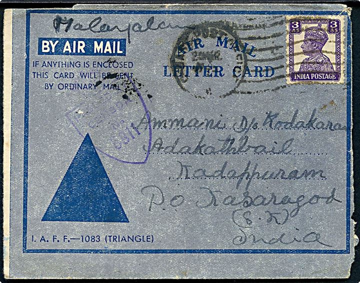 3 as. George VI på Forces Air Letter stemplet Base Post Office d. 25.3.1945 til Kasaragod, Indien. Violet unit censor no. 5811. Sendt fra driver i 28/3 Madras Regiment stationeret i Basra, Iraq.