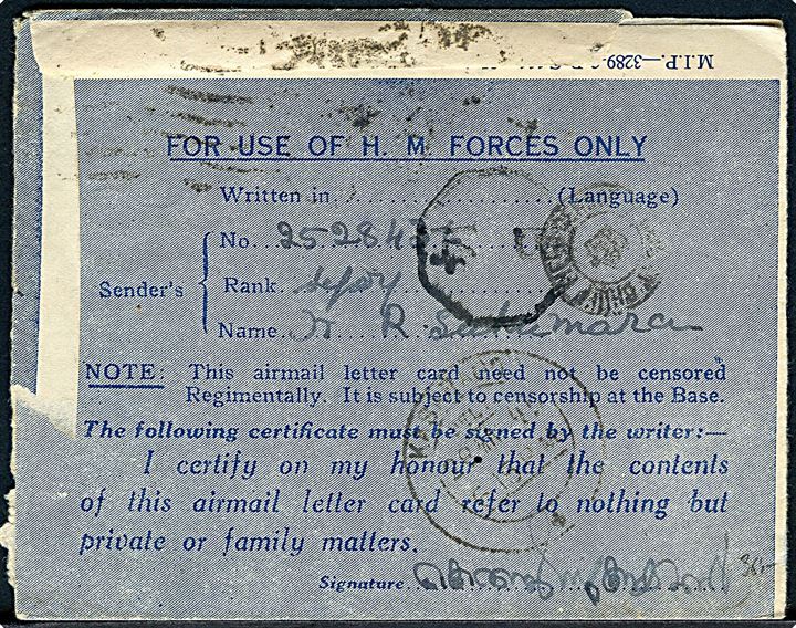 3 as. George VI på Forces Air Letter stemplet Base Post Office d. 25.3.1945 til Kasaragod, Indien. Violet unit censor no. 5811. Sendt fra driver i 28/3 Madras Regiment stationeret i Basra, Iraq.