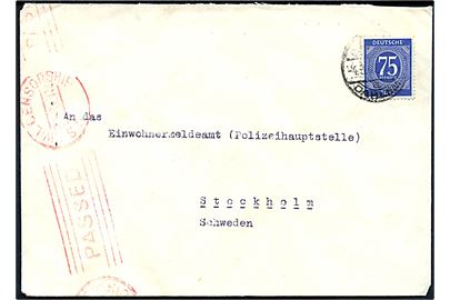 75 pfg. single på brev (fremstillet af landkort) fra Berlin d. 4.3.1947 til Stockholm, Sverige. Passér stemplet ved den amerikanske efterkrigscensur i Berlin.