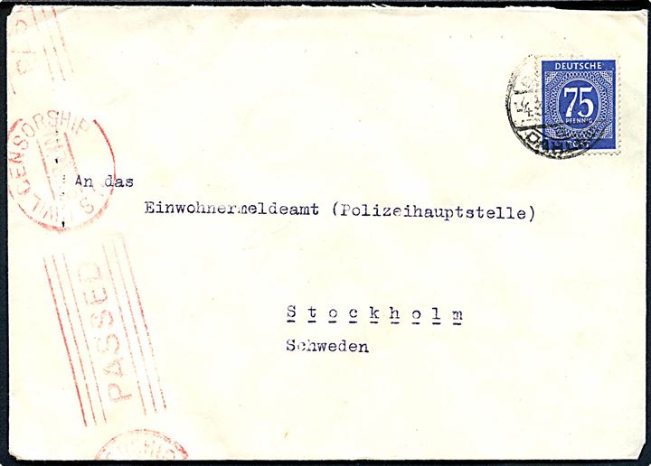 75 pfg. single på brev (fremstillet af landkort) fra Berlin d. 4.3.1947 til Stockholm, Sverige. Passér stemplet ved den amerikanske efterkrigscensur i Berlin.