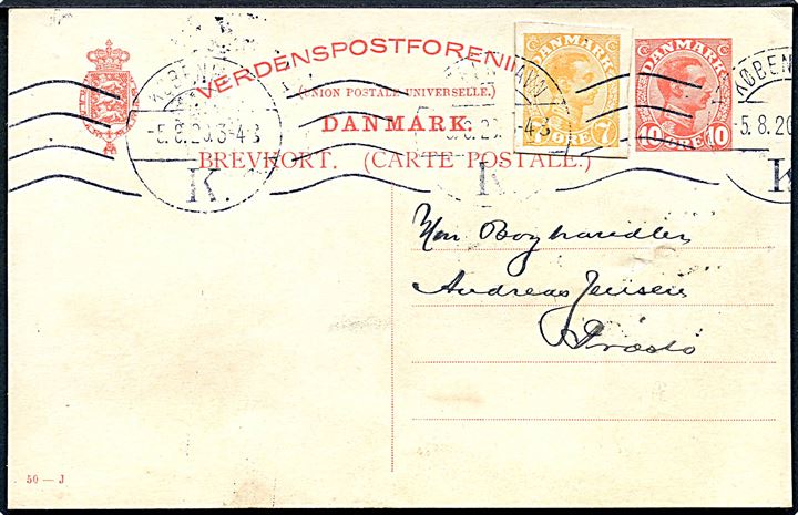 10 øre Chr. X helsagsbrevkort (fabr. 50-J) opfrankeret med 7 øre Chr. X helsagsafklip fra København d. 5.8.1920 til Præstø.