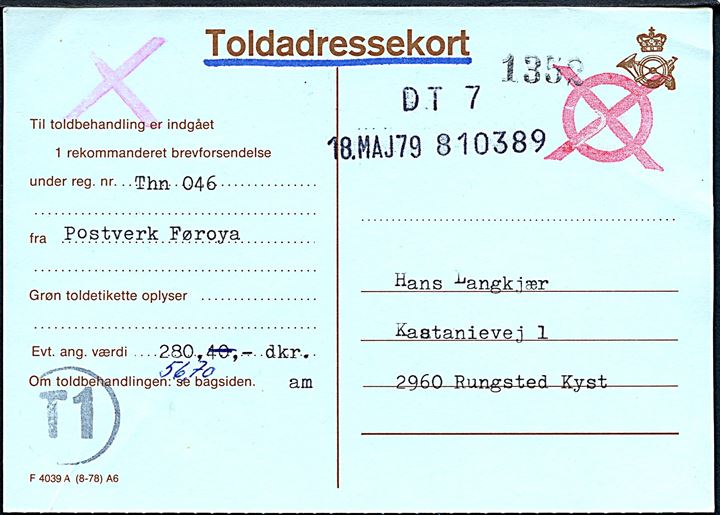 Toldadressekort - formular F 4039 A (8-78) A6 - for anbefalet brev fra Thorshavn til Rungsted Kyst, Danmark. 