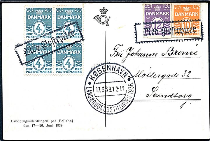 4 øre Bølgelinie i fireblok, samt 12 øre og 10 øre helsagsafklip, på brevkort annulleret med rammestempel Med Postrytter og sidestemplet København * Landbrugsudstillingen 1938 * d. 17.5.1938 til Svendborg.