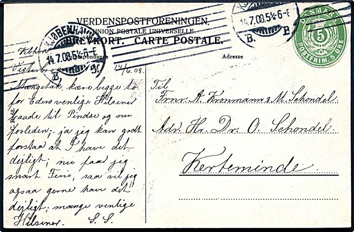5 øre helsagsafklip anvendt som frankering på brevkort fra Kjøbenhavn d. 14.7.1908 til Kerteminde.