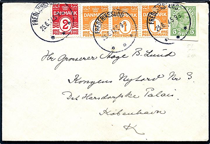 1 øre (3-stribe), 2 øre Bølgelinie og 5 øre Chr. X helsagsafklip på brev fra Frederikssund d. 25.6.1917 til København.