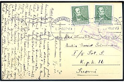 5 öre P.H.Ling (2) på brevkort fra Stockholm d. 1.3.1940 til militæradresse i Finland: I/5 Sot. S. KpK 16. Finsk censur.