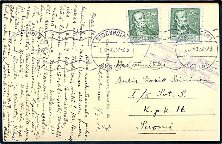 5 öre P.H.Ling (2) på brevkort fra Stockholm d. 1.3.1940 til militæradresse i Finland: I/5 Sot. S. KpK 16. Finsk censur.