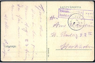 Ufrankeret feltpostbrevkort fra deltager i det Svenske Frivillige Korps med svagt stempel Fältpost * SFK * d. ?.3.1940 til Stockholm. Finsk censur.