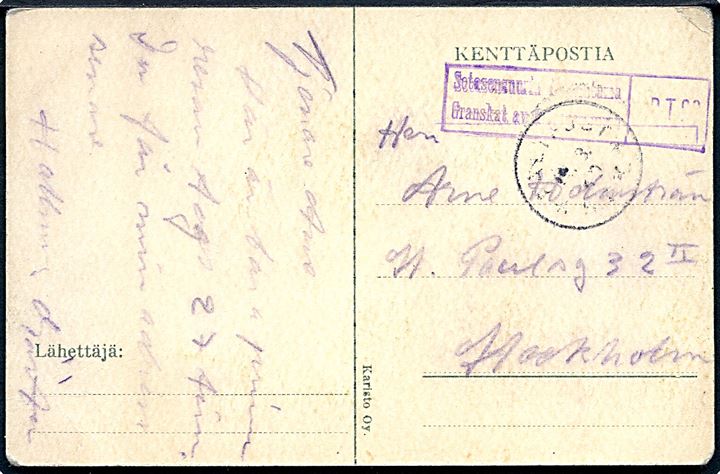 Ufrankeret feltpostbrevkort fra deltager i det Svenske Frivillige Korps med svagt stempel Fältpost * SFK * d. ?.3.1940 til Stockholm. Finsk censur.