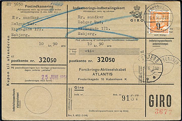 80 øre Fr. IX single på retur Indkasserings-Indbetalingskort fra København d. 16.6.1956 til Esbjerg.