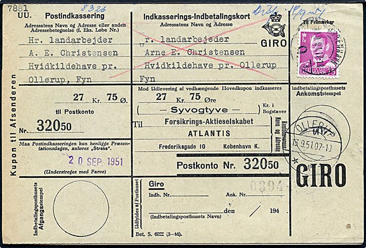 75 øre Fr. IX single på retur Indkaserings-Indbetalingskort fra København d. 11.9.1951 til Ollerup.