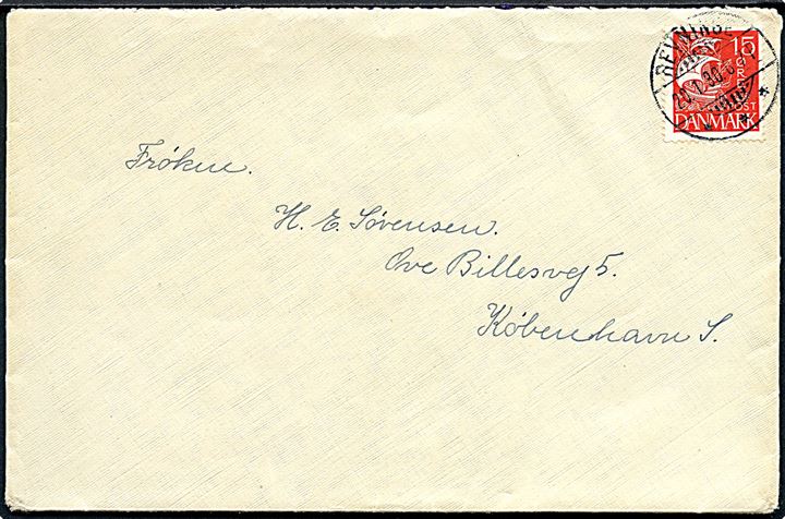 15 øre Karavel på brev annulleret med brotype Ia Revinge d. 20.1.1930 til København.