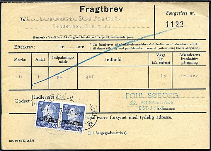 80 øre Fr. IX Postfærgemærke i parstykke på fragtbrev fra Esbjerg d. 23.12.1969 til Sønderho, Fanø.