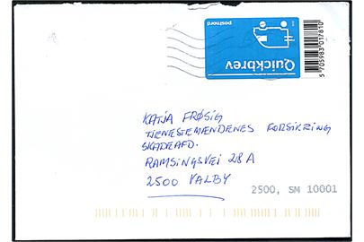 Postnord Quickbrev 2016 mærkat på brev fra Aarhus annulleret med svagt stempel Sydjyllands Postcenter til Valby.
