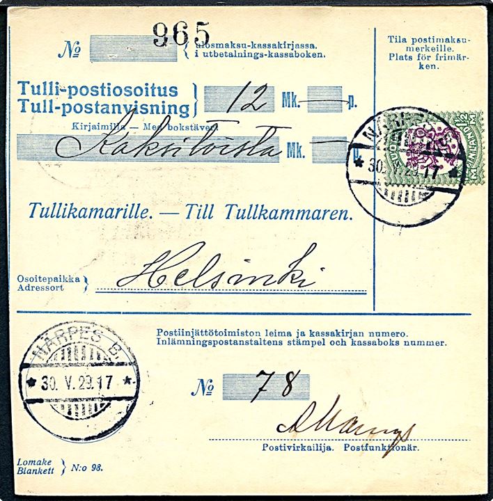 1½ mk. Løve single på toldpostanvisning fra Närpes B. d. 30.5.1929 til Helsinki.