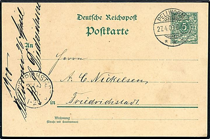 5 pfg. Ciffer helsagsbrevkort stemplet Pellworm d. 27.4.1900 til Friedrichstadt.