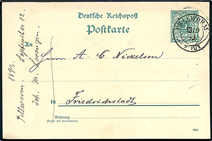 5 pfg. Ciffer helsagsbrevkort annulleret med 2-ringsstempel Pellworm d. 13.9.1893 til Friedrichstadt.
