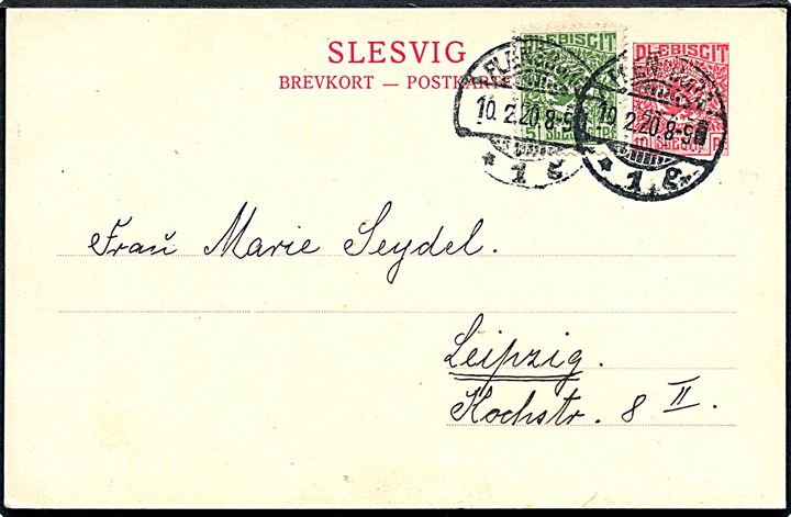 10 pfg. Fælles udg. helsagsbrevkort opfrankeret med 5 pfg. Fælles udg. fra Flensburg d. 10.2.1920 til Leipzig.