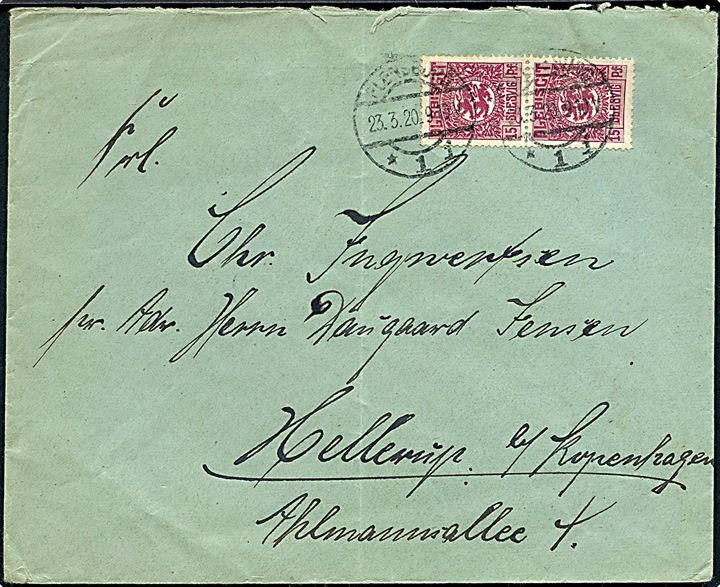15 pfg. Fælles udg. i parstykke på brev fra Flensburg d. 23.3.1920 til Hellerup, Danmark.