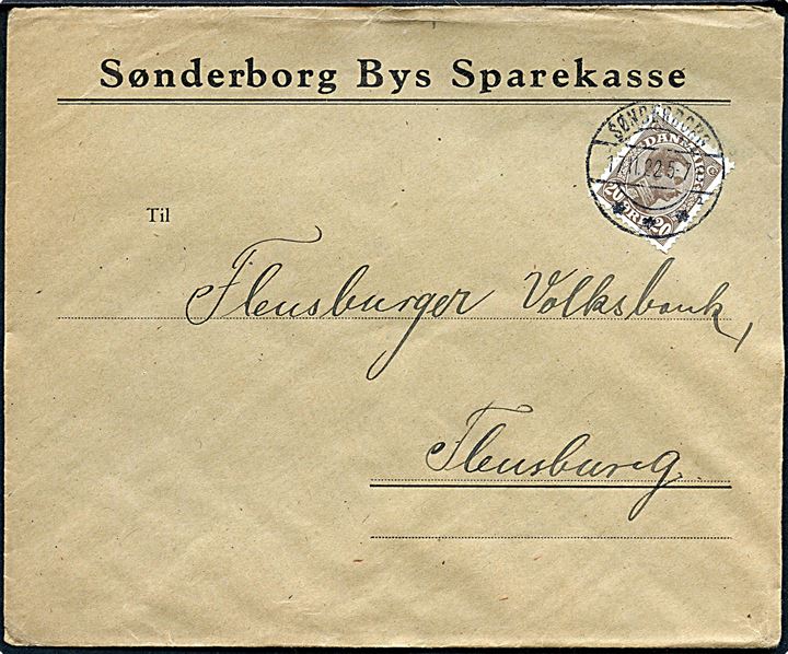 20 øre Chr. X single GRÆNSEPORTO frankeret firmakuvert fra Sønderborg Bys Sparekasse annulleret med brotype IIb Sønderborg sn1 d. 17.11.1922 til Flensburg, Tyskland.