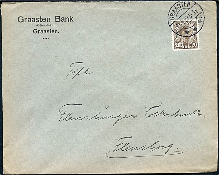 20 øre Chr. X single GRÆNSEPORTO frankeret firmakuvert fra Graasten Bank annulleret med brotype IIb Graasten sn2 d. 11.4.1923 til Flensburg, Tyskland.