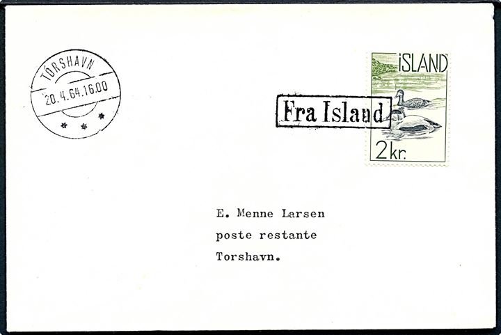 Islandsk 2 kr. på filatelistisk skibsbrev annulleret med rammestempel Fra Island og sidestemplet Tórshavn d. 20.4.1964 til Tórshavn, Færøerne. 