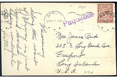 Engelsk 1½d George V på brevkort (Stalheim, Norge) annulleret med maskinstempel Bergen d. 23.7.1931 og sidestemplet Paquebot til Freeport, Long Island, USA.